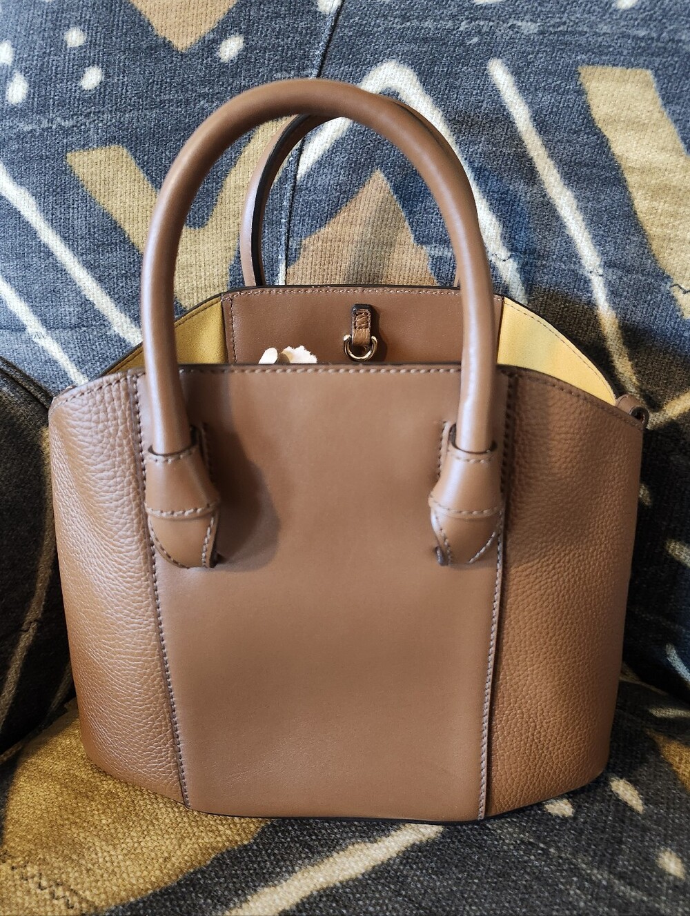 Furla Gilda Cognac Brown Leather Mini Tote Handbag NWOT Mustard Suede Giftable - Picture 3 of 10